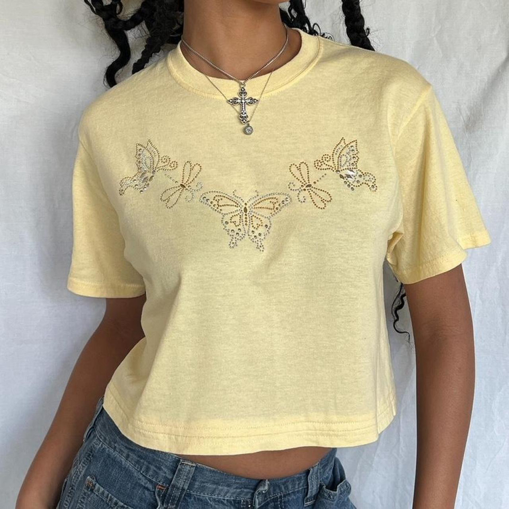Rhinestone Butterfly Cropped Yellow Tee, Reworked/upcycled one-of-one